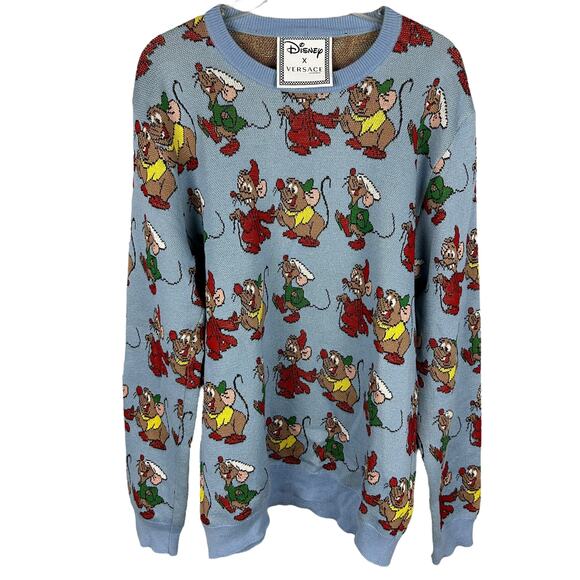 Versace x Disney Long Sleeve Cinderella Intarsia Graphic Blue Crew Neck Sweater - Picture 1 of 7